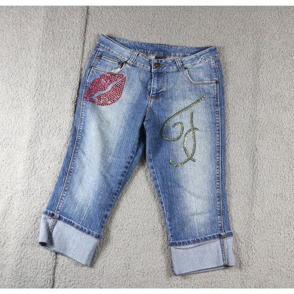Fubu Jeans Womens 9/10 Denim Jeweled Rhinestone Cropped Y2K Vintage Hong Kong - Picture 1 of 10
